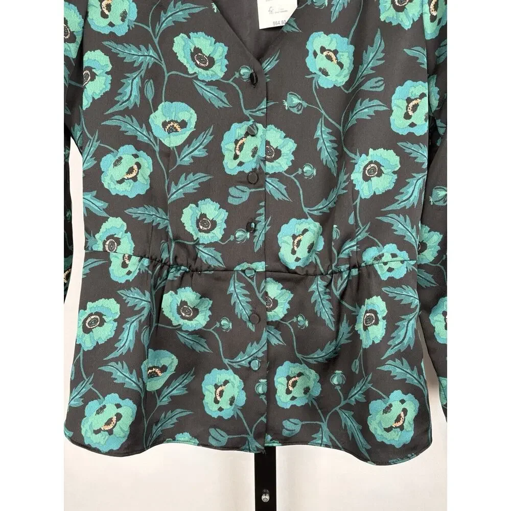 J. Crew Satin Back Crepe Button-front Blouse 0 Black Green Floral V-Neck NWT - Picture 4 of 12